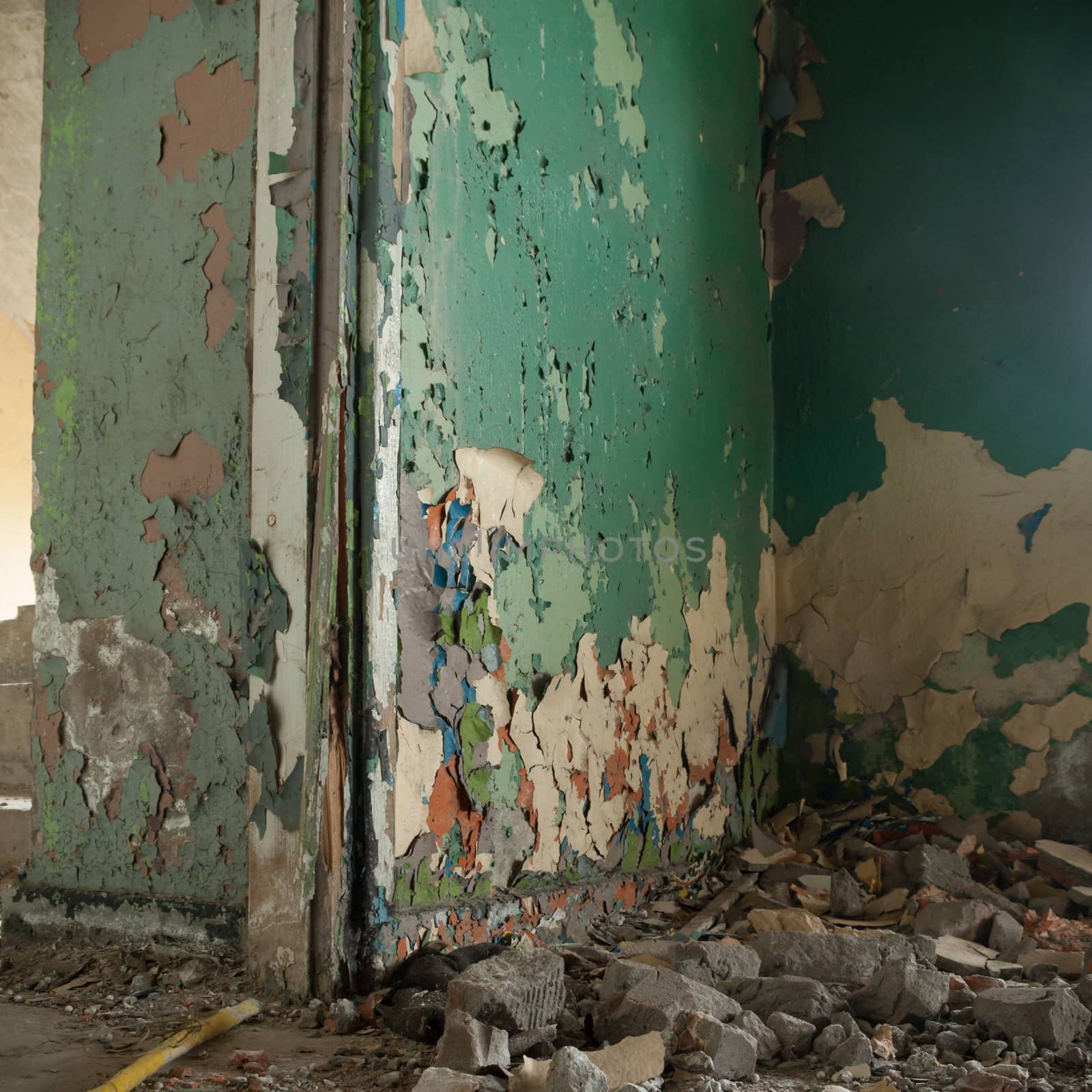 wide angle view of an old wall abandoned factory building