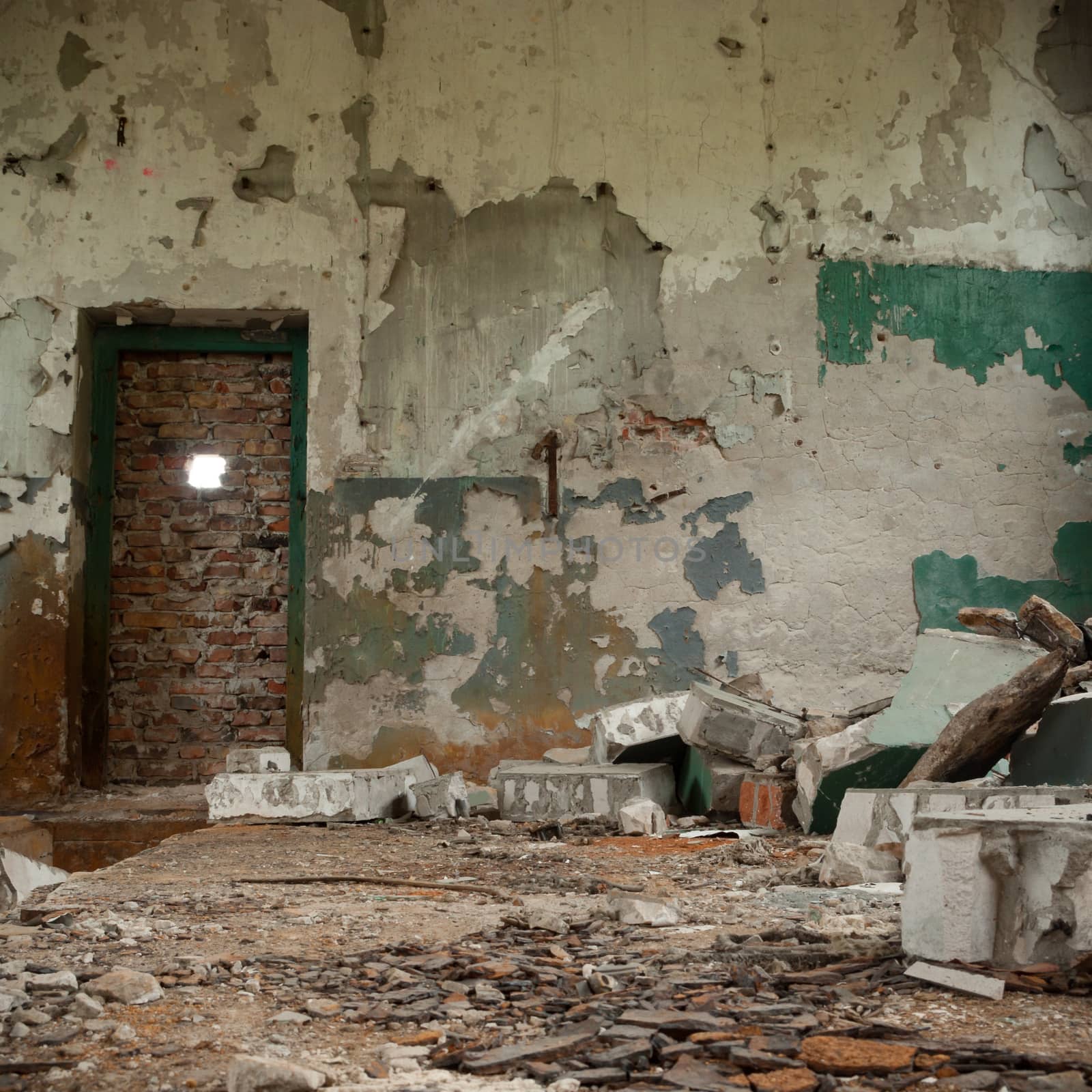 wide angle view of an old wall abandoned factory building
