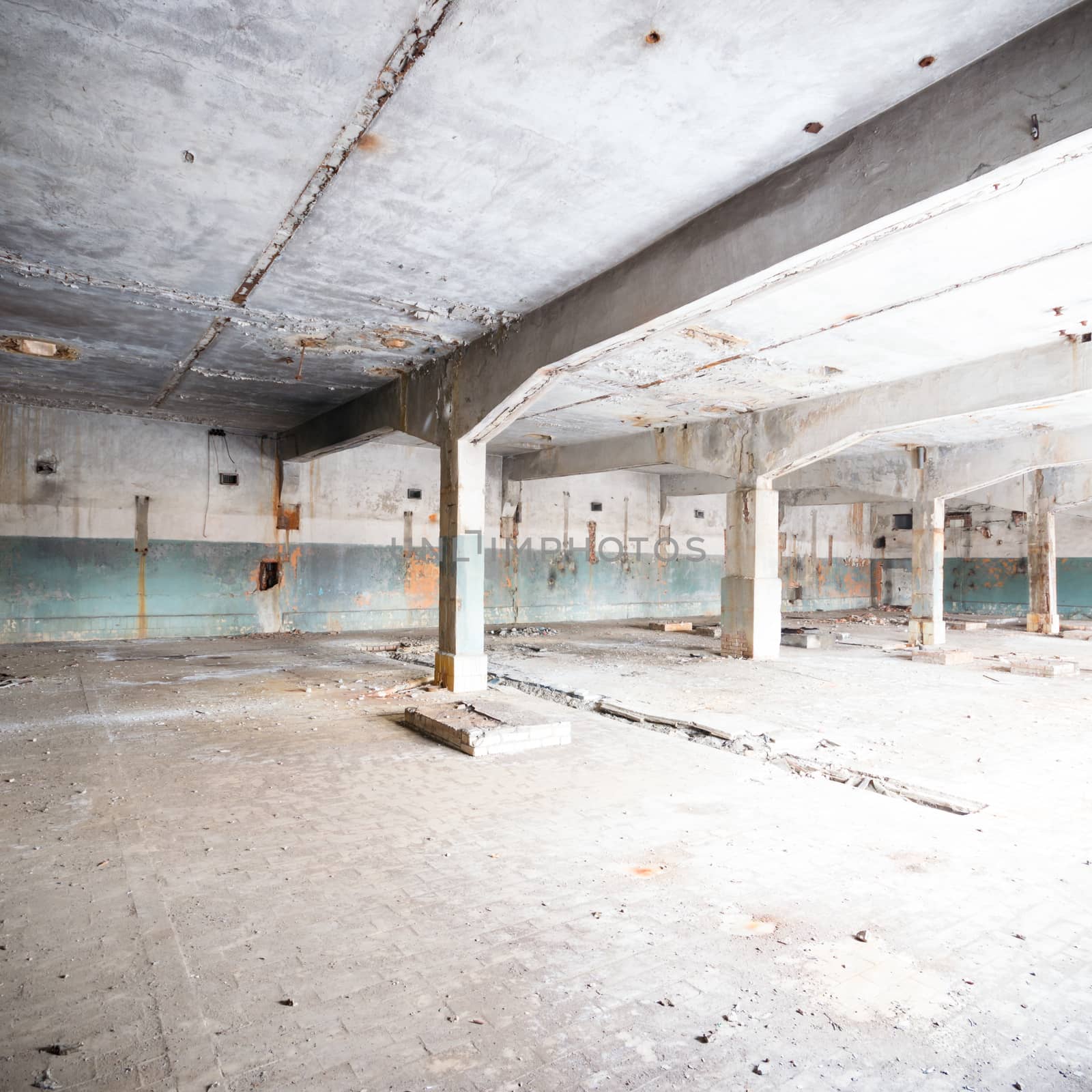 wide angle view of an old wall abandoned factory building
