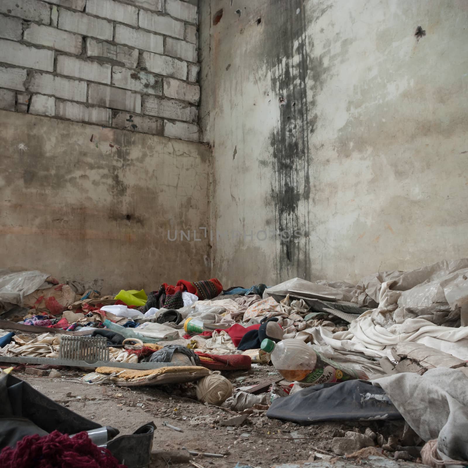 wide angle view of an old wall abandoned factory building