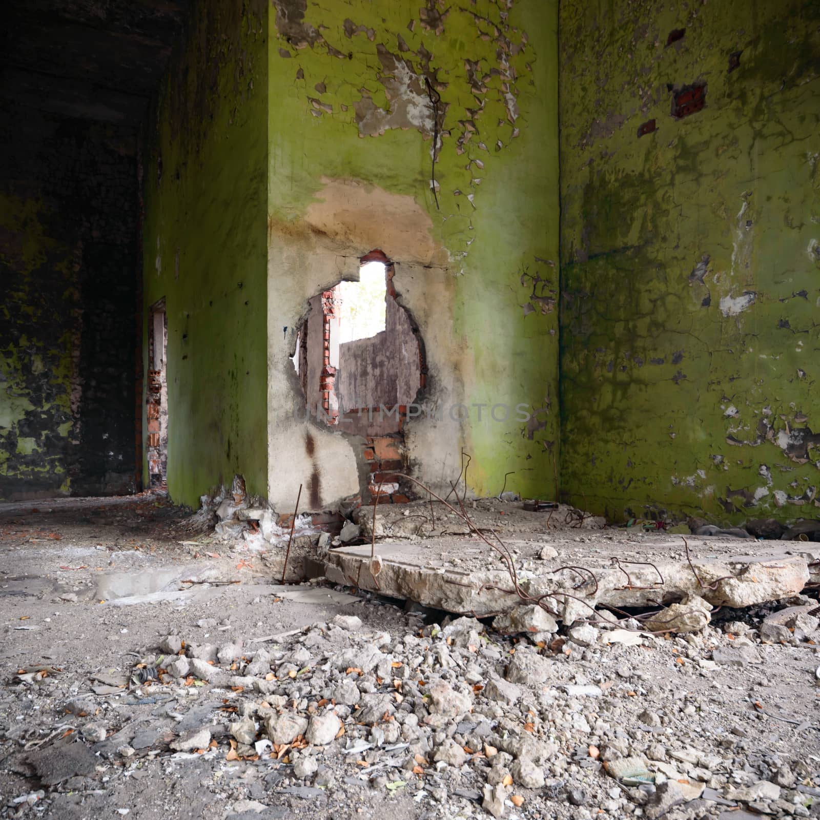 wide angle view of an old wall abandoned factory building