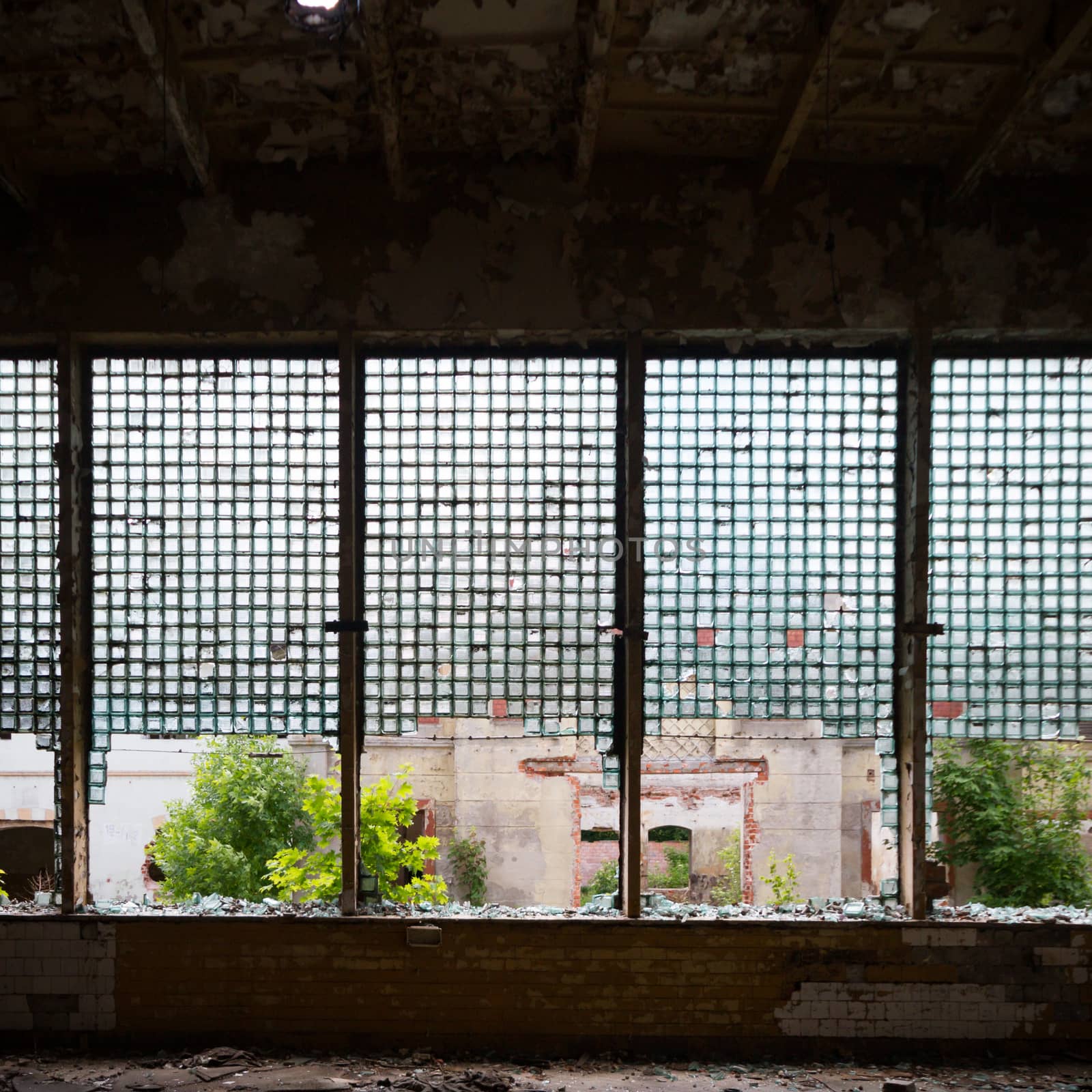discarded ruin with old windows and wall, industrial window in concrete wall