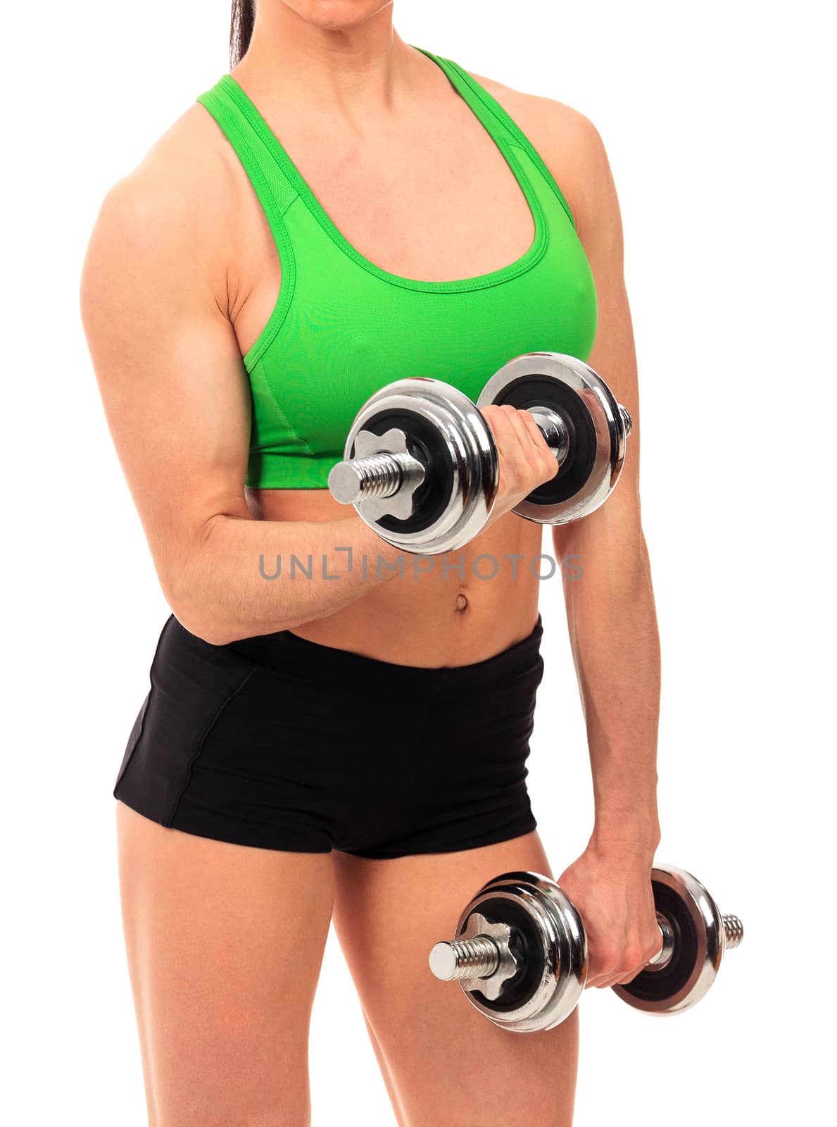 fitness woman with barbells on white background, isolated