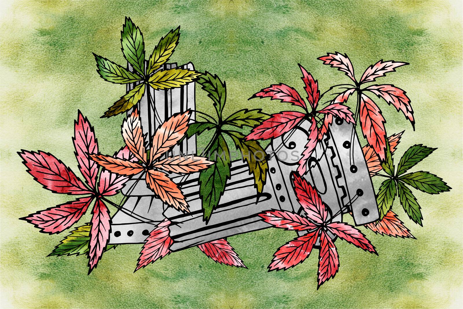 Destroyed Ancient Roman column. Overgrown with deciduous plants. Hand drawing and computer processing. For design - tourism, Rome, attractions, architecture, ancient world.