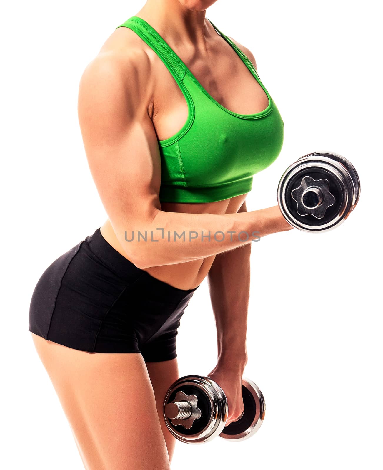 fitness woman with barbells on white background, isolated by Nobilior