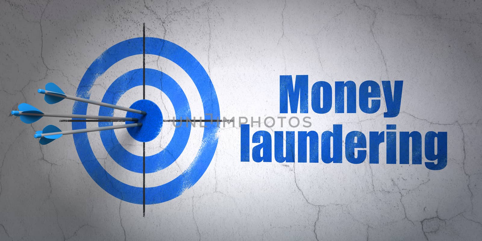 Success money concept: arrows hitting the center of target, Blue Money Laundering on wall background, 3D rendering