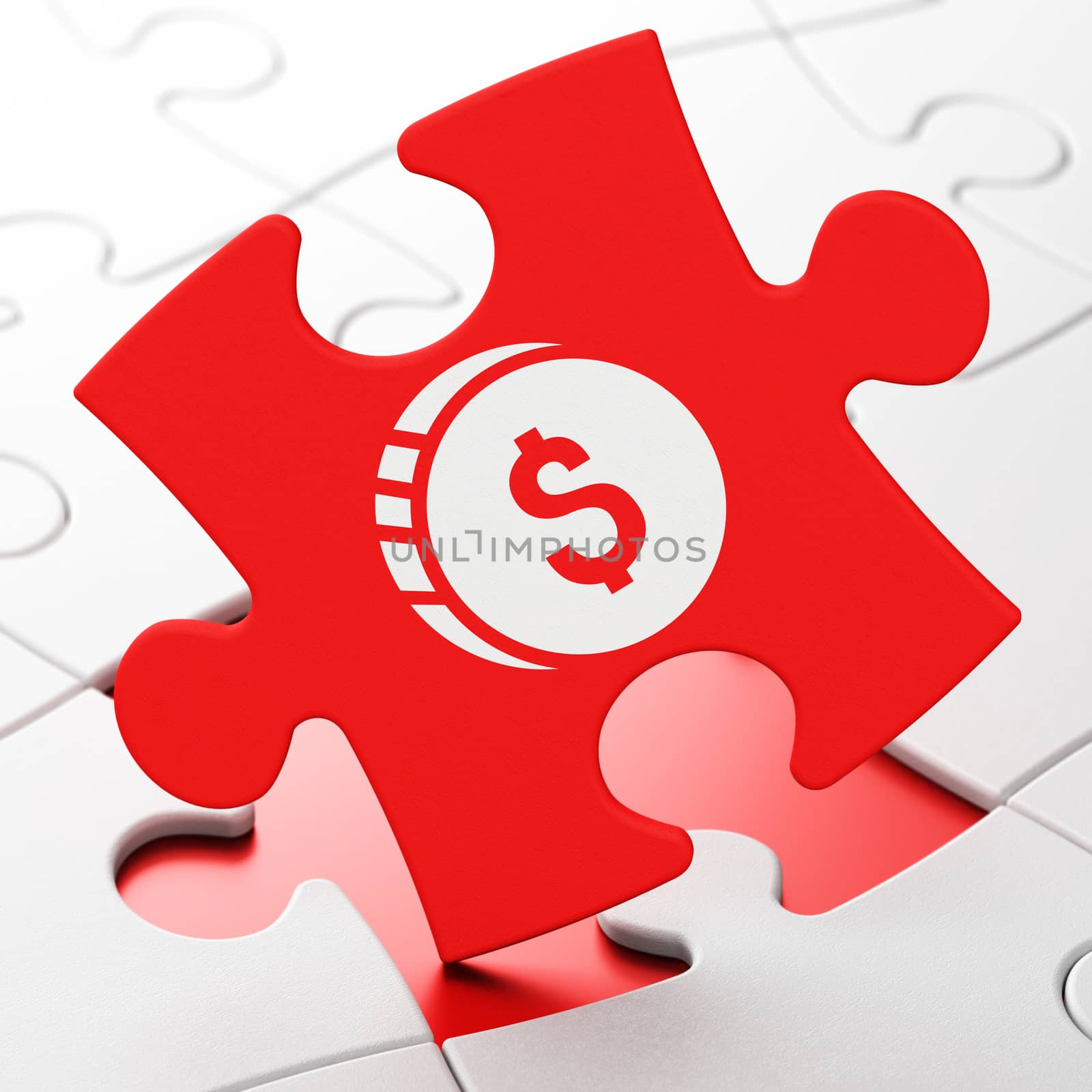 Money concept: Dollar Coin on Red puzzle pieces background, 3D rendering