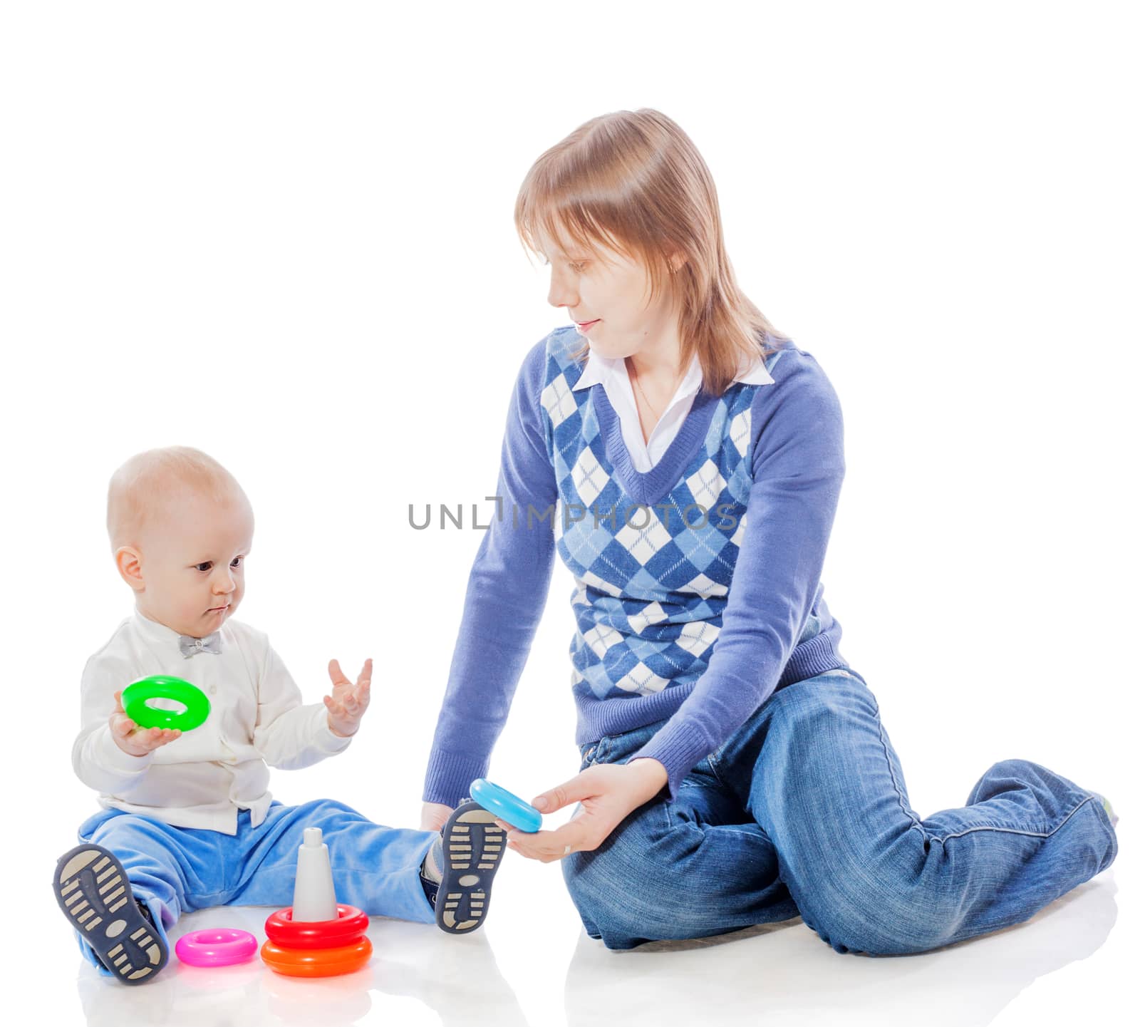 Mother and son playing together isolated on white