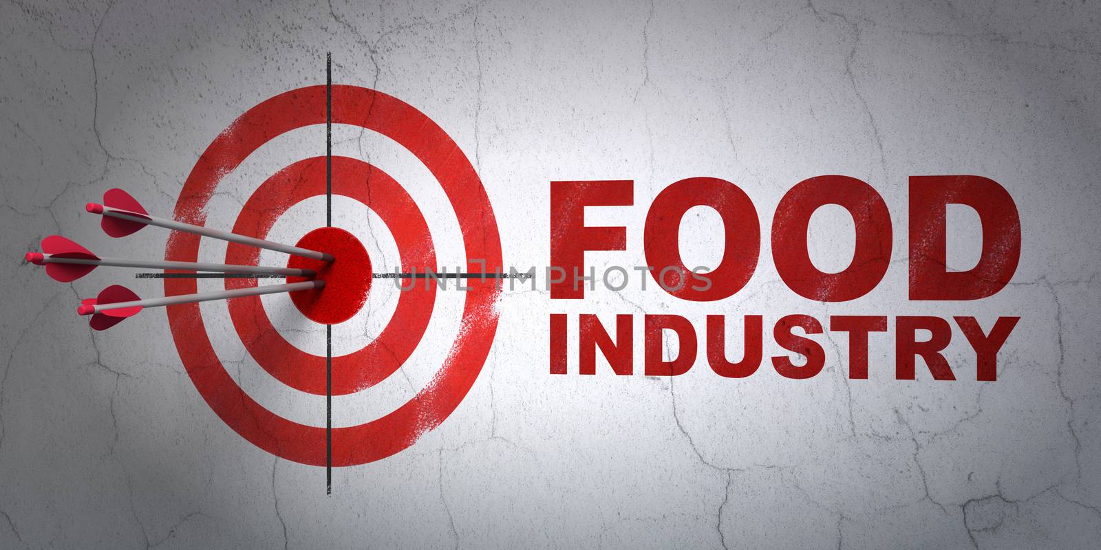 Success Manufacuring concept: arrows hitting the center of target, Red Food Industry on wall background, 3D rendering