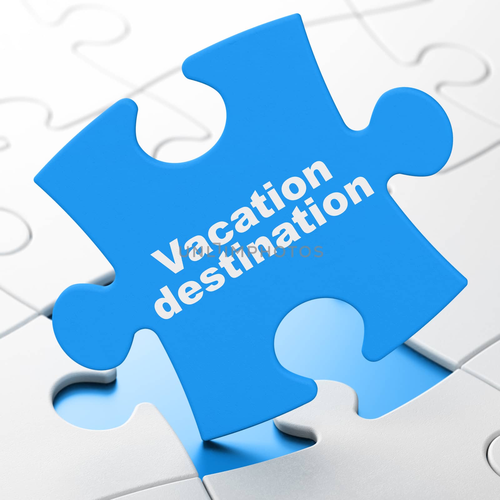 Vacation concept: Vacation Destination on Blue puzzle pieces background, 3D rendering