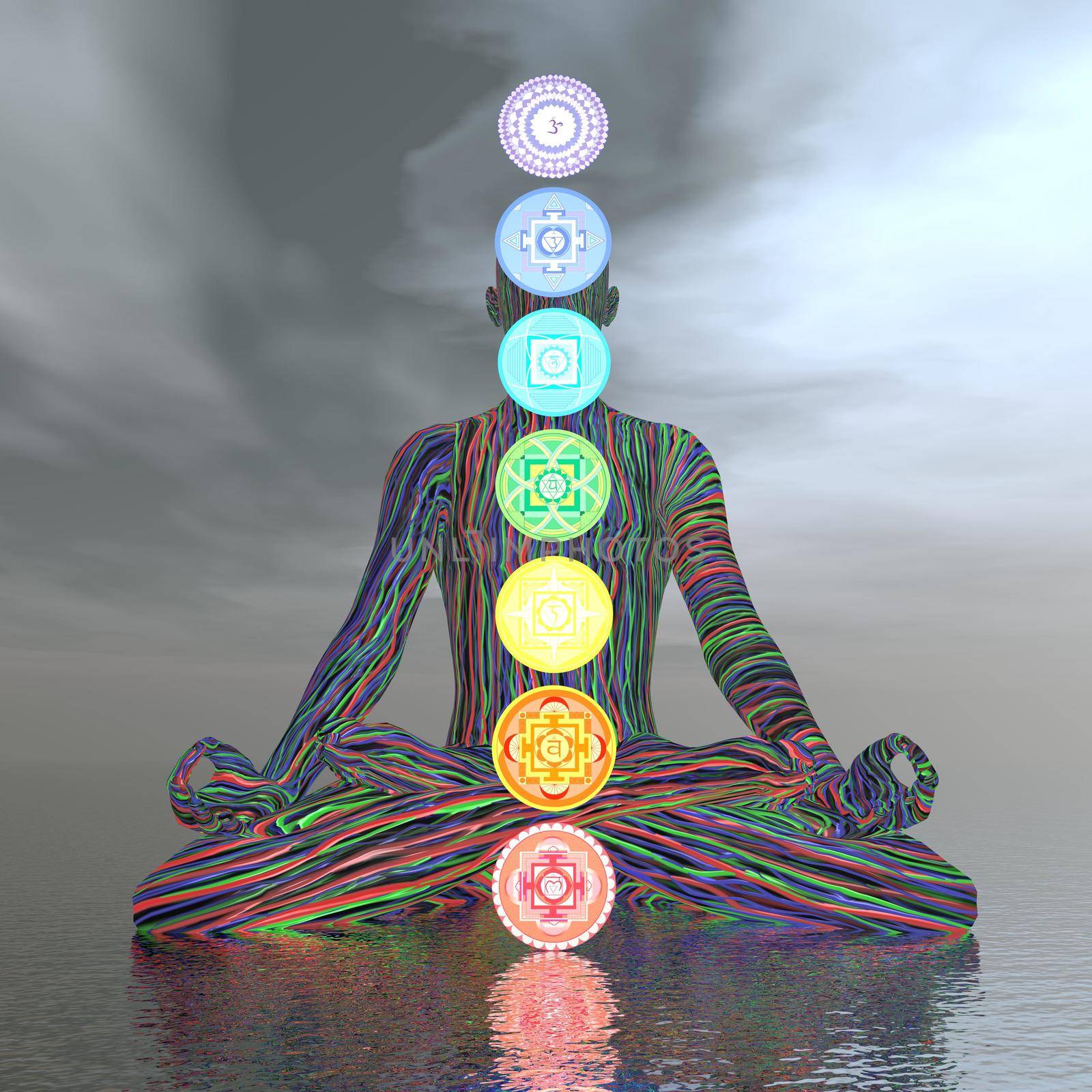 Man meditating with seven colorful chakras upon ocean in cloudy background - 3D render