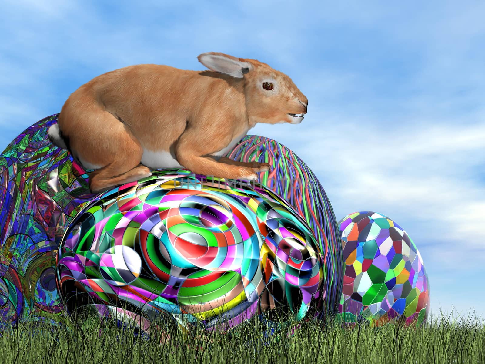 Rabbit on its colorful egg for Easter - 3D render by Elenaphotos21