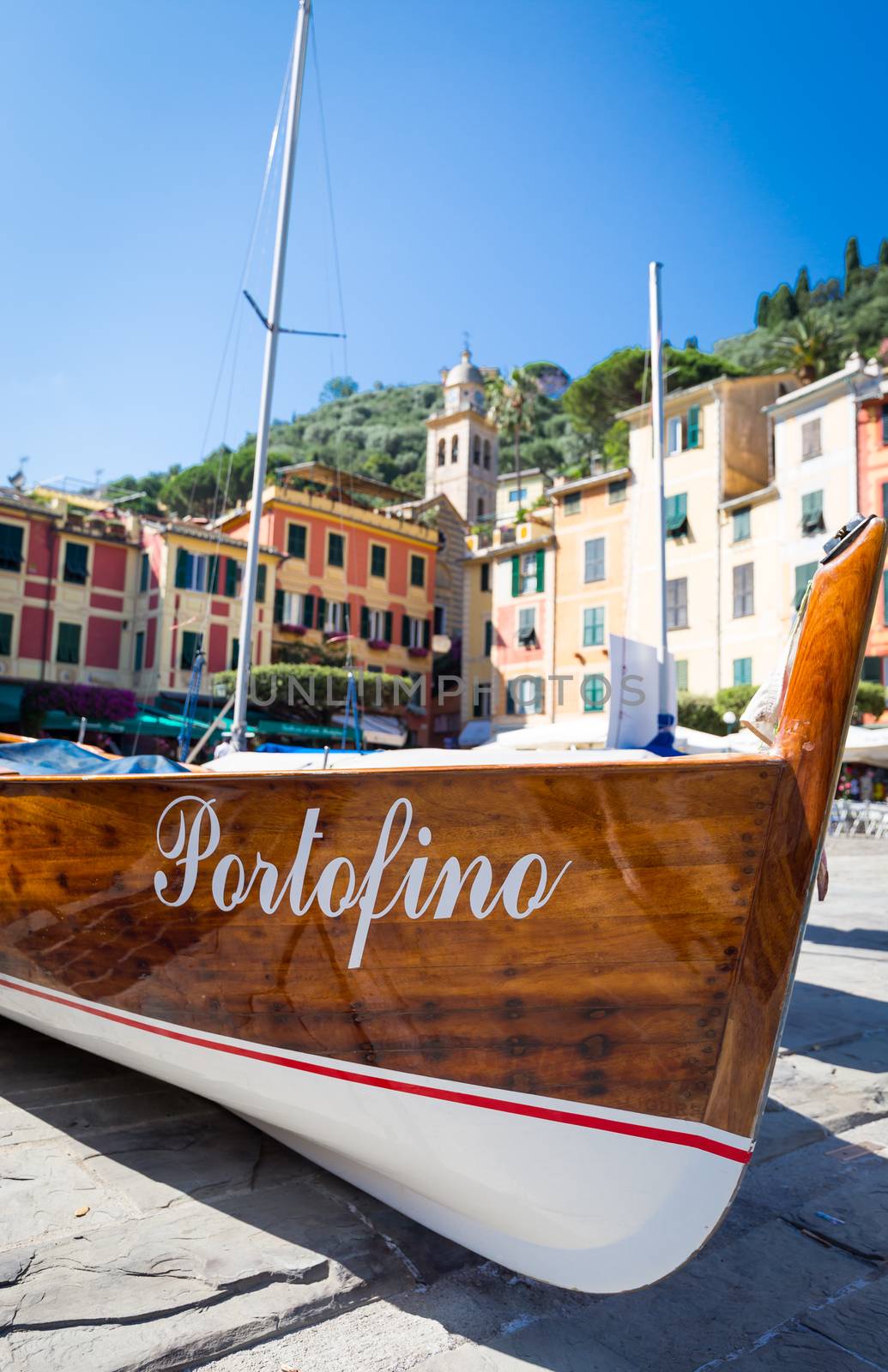 The name of the famous Portofino town in Italy on a boatside - landmark sign, no copyright