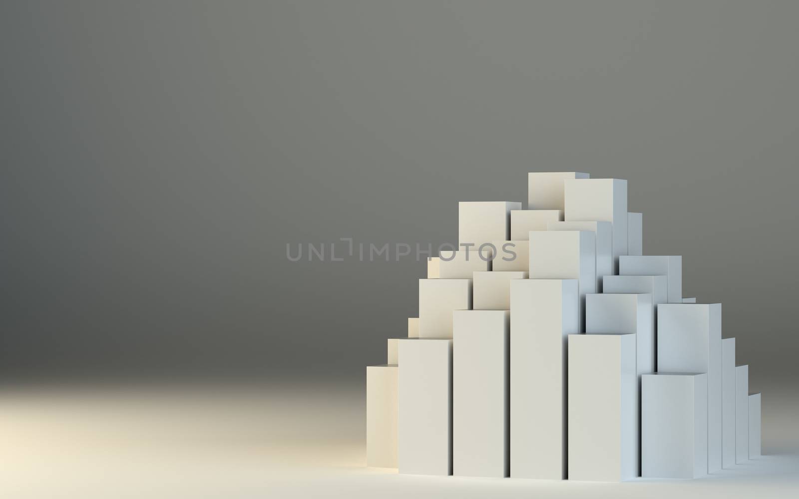 Abstract 3d illustration of white boxes and gray gradient background. Beautiful studio lighting