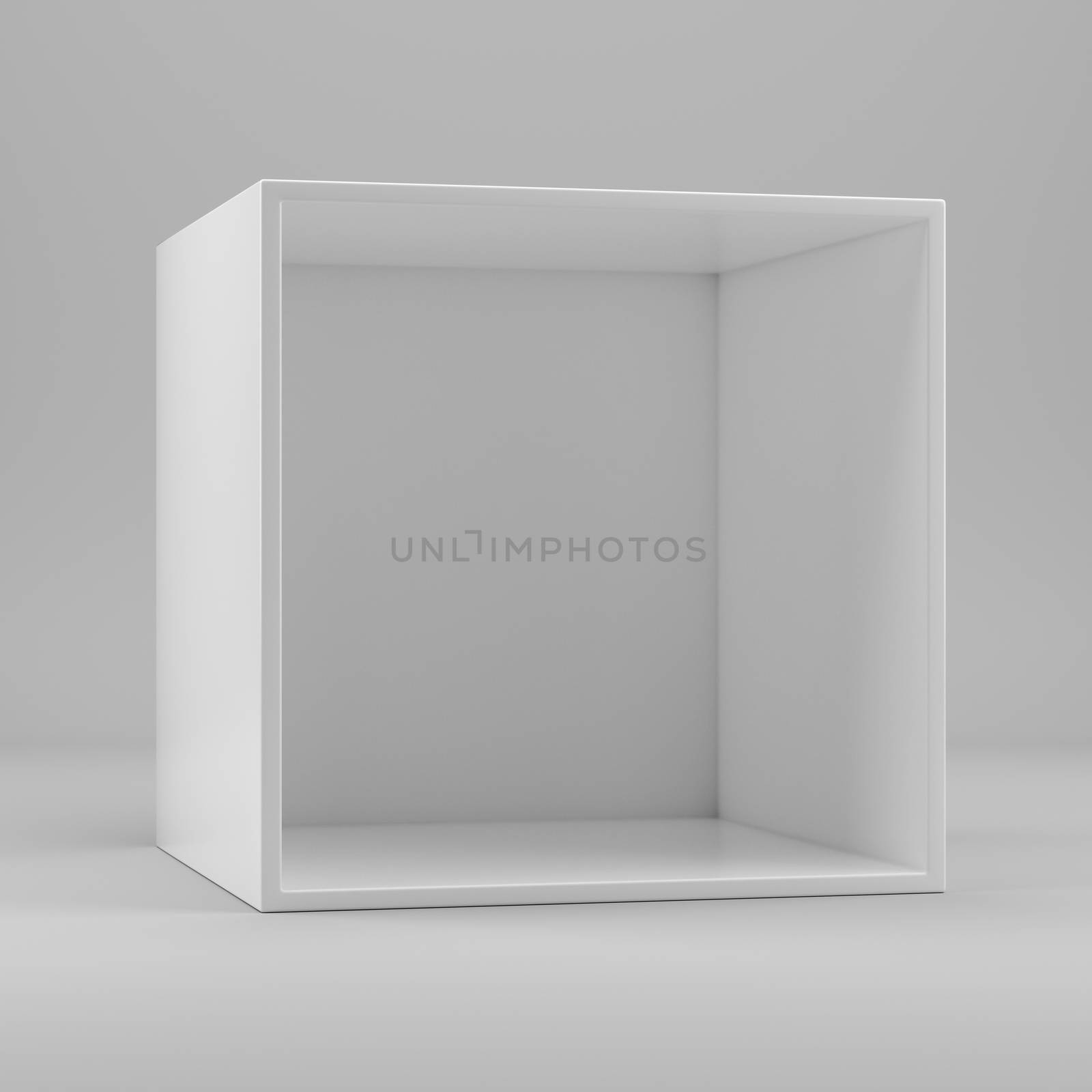 White empty clean shelf box, on gray background. 3d rendering. Template shelf or showcase