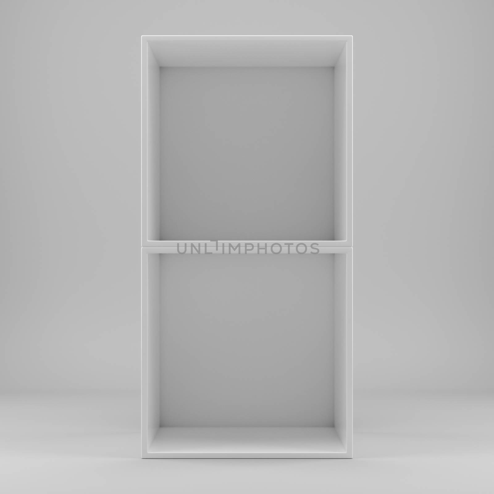 White empty clean shelf box, on gray background. 3d rendering. Template shelf or showcase