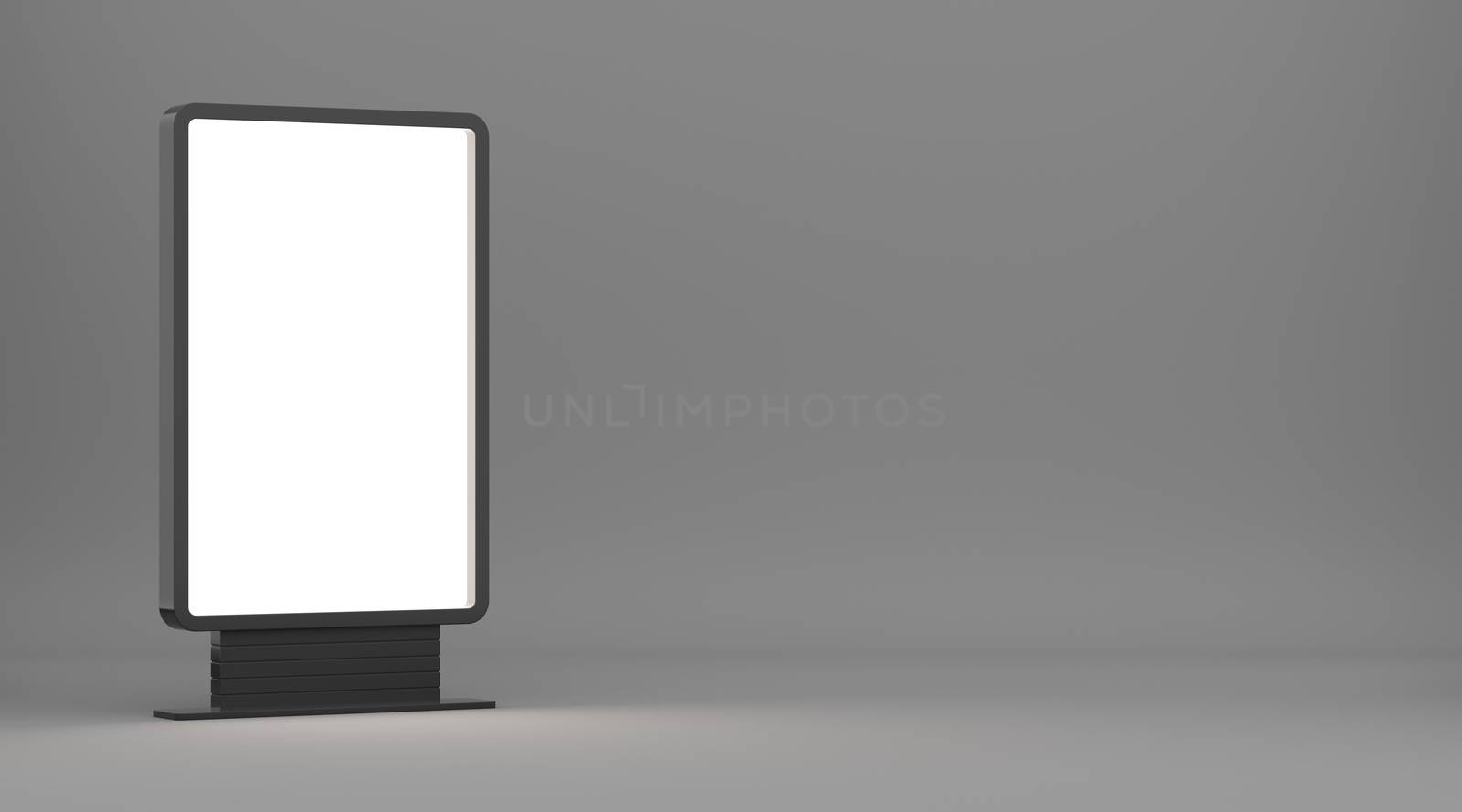 Lightboxe On Gray Studio Background. 3D rendering. Template for your Design