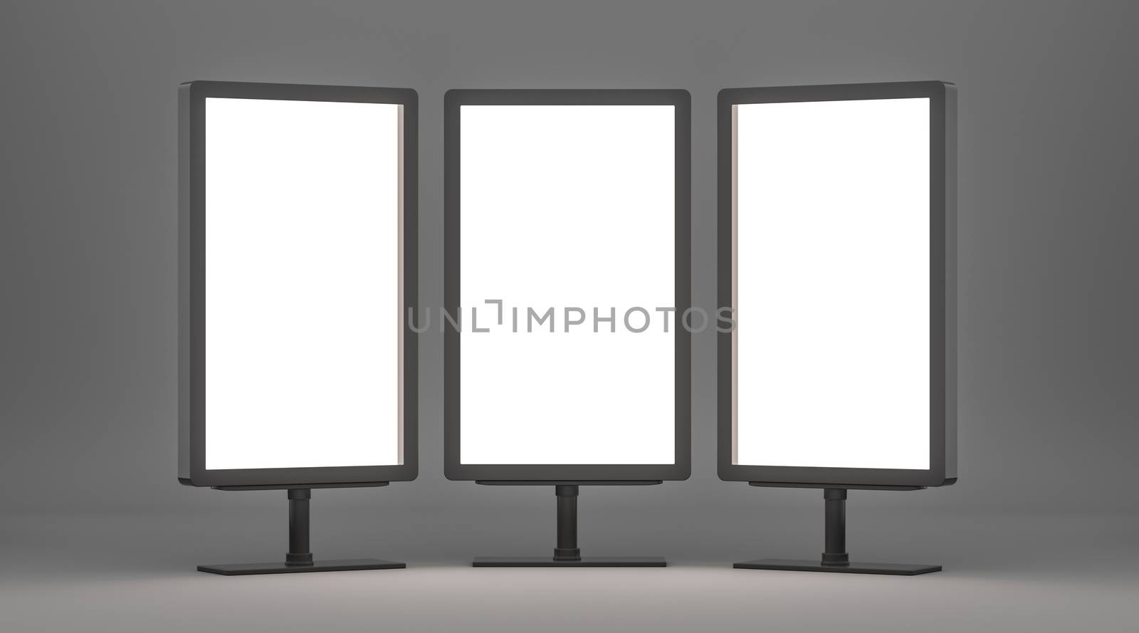 Three big vertical poster on gray background. 3D Illustration