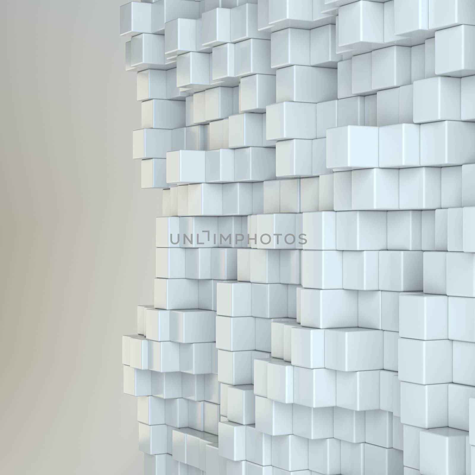 Wall of white cubes. 3D Illustration. Gray background. Web design element