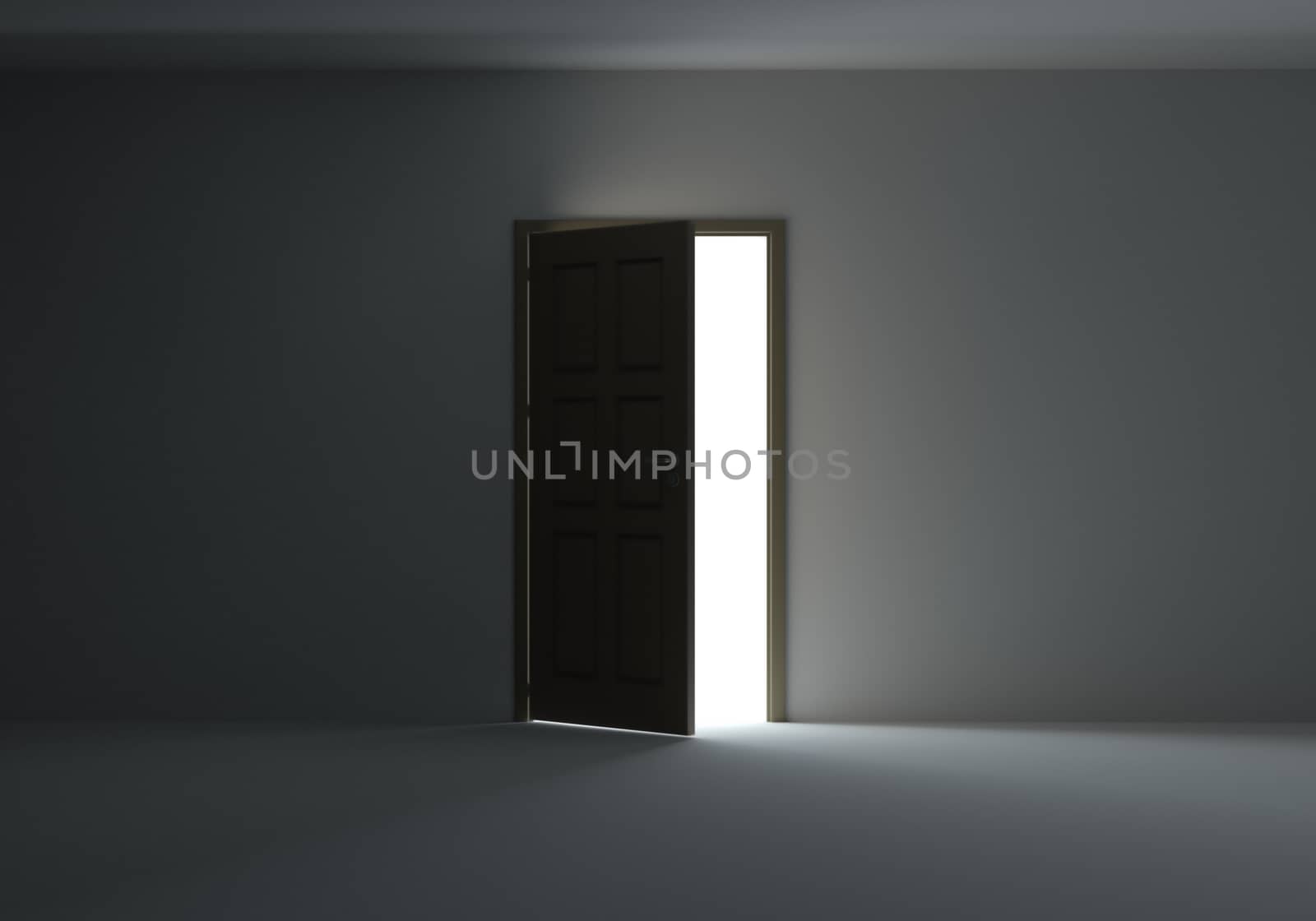 Open door with bright light streaming into very dark room. 3D Illustration