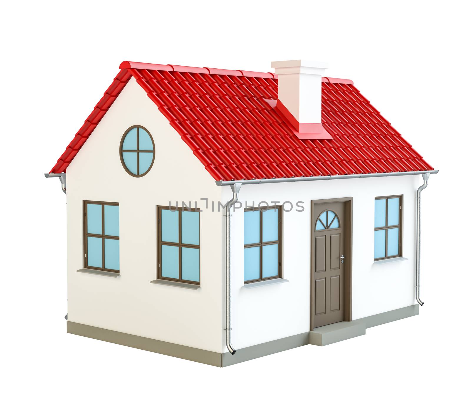 A small house with red roof on a white background. 3d illustration