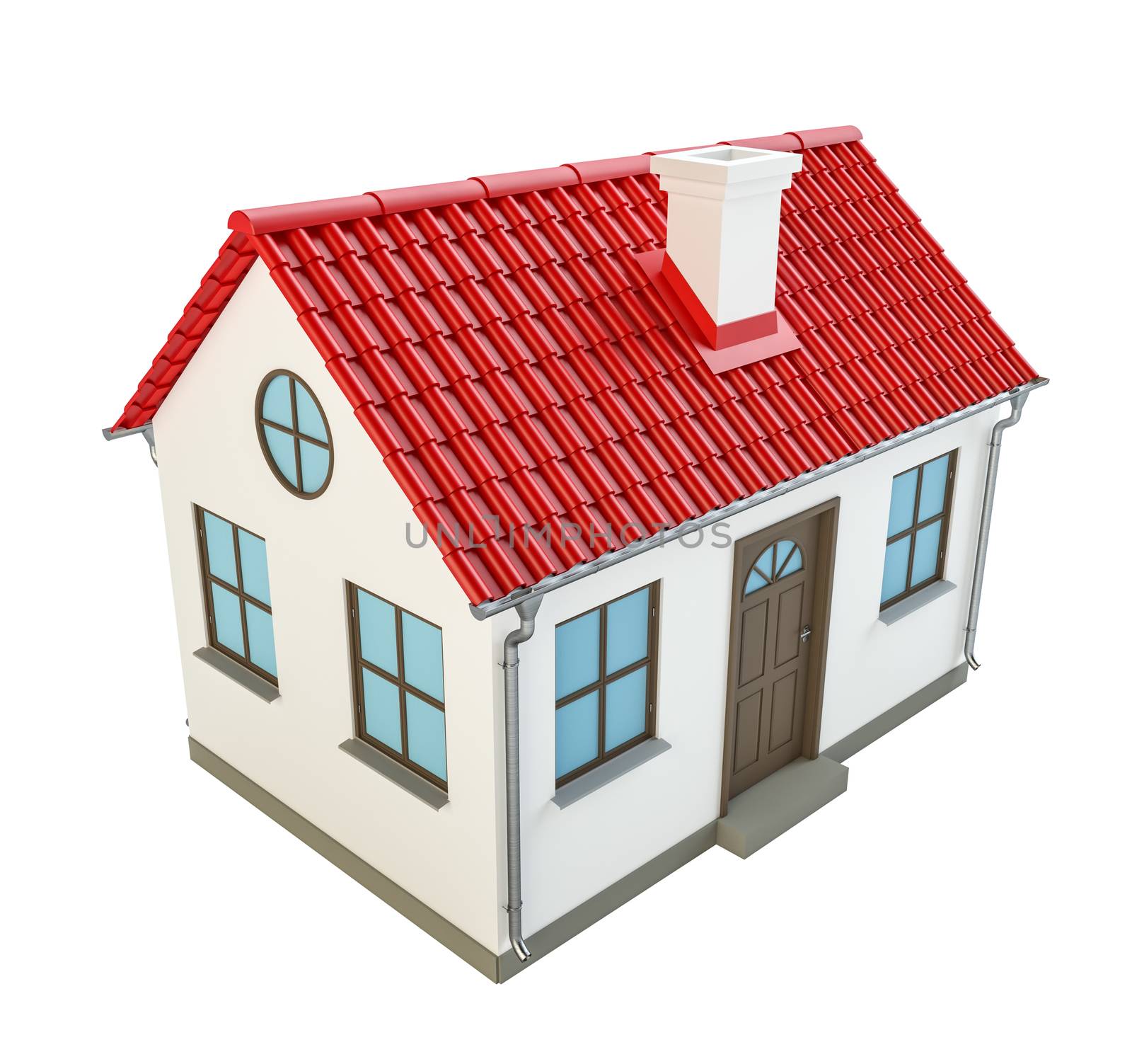 Beautiful model of a house with a red roof. High detail. Isolated on white background. 3D Rendering