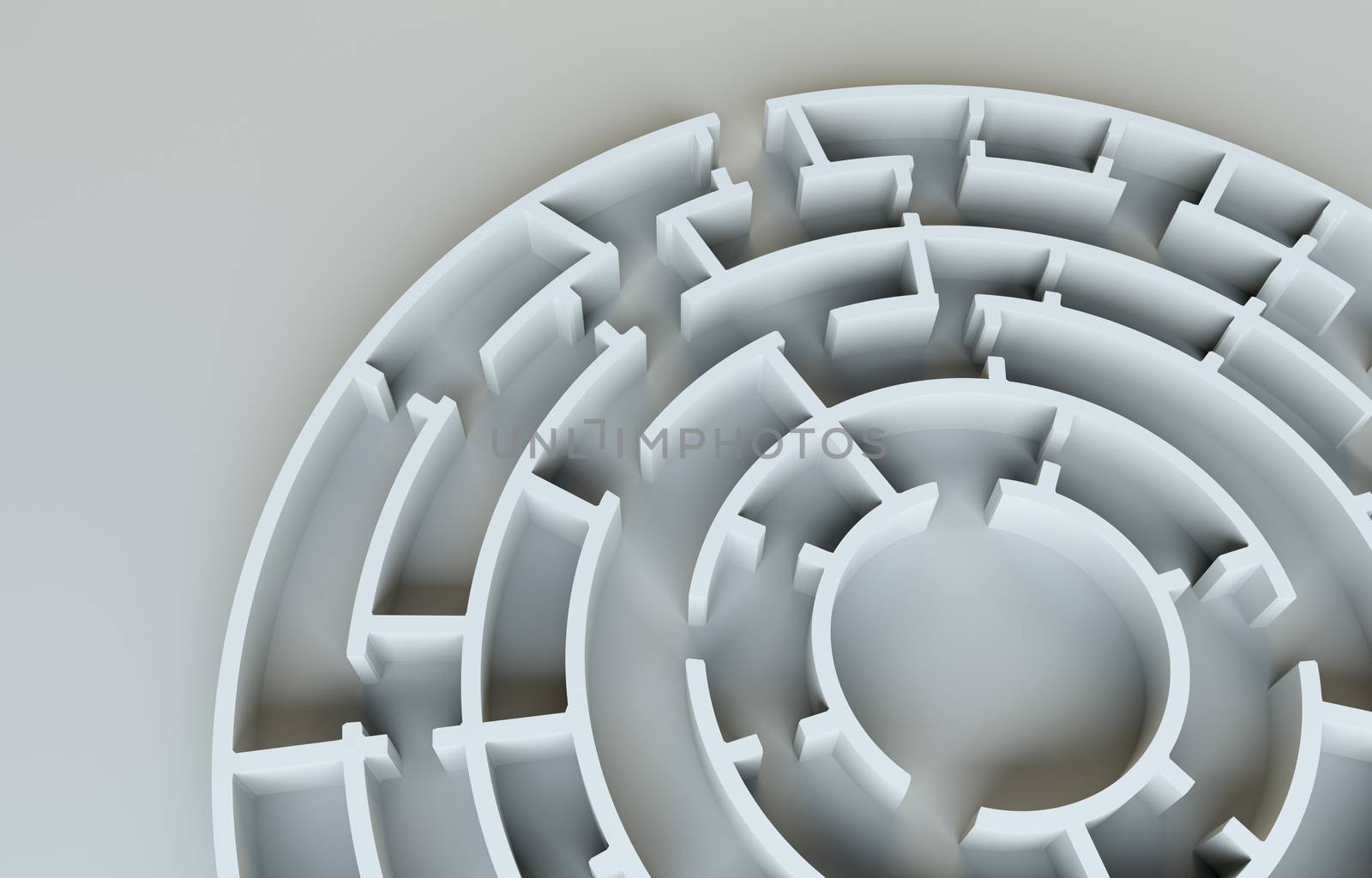 Maze close-up. Gray studio background. Beautiful photo realistic shadows. Background for your desig. 3D Illustration