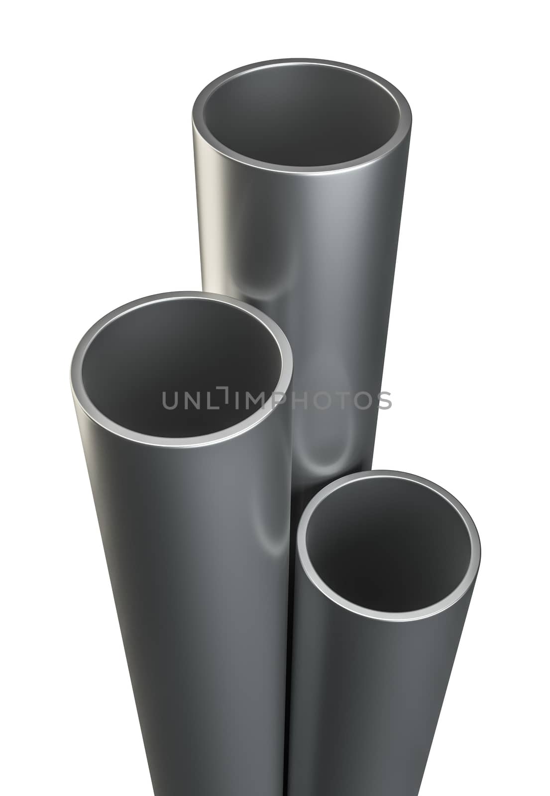 Three metal tubes. Isolated on white. 3D Rendering