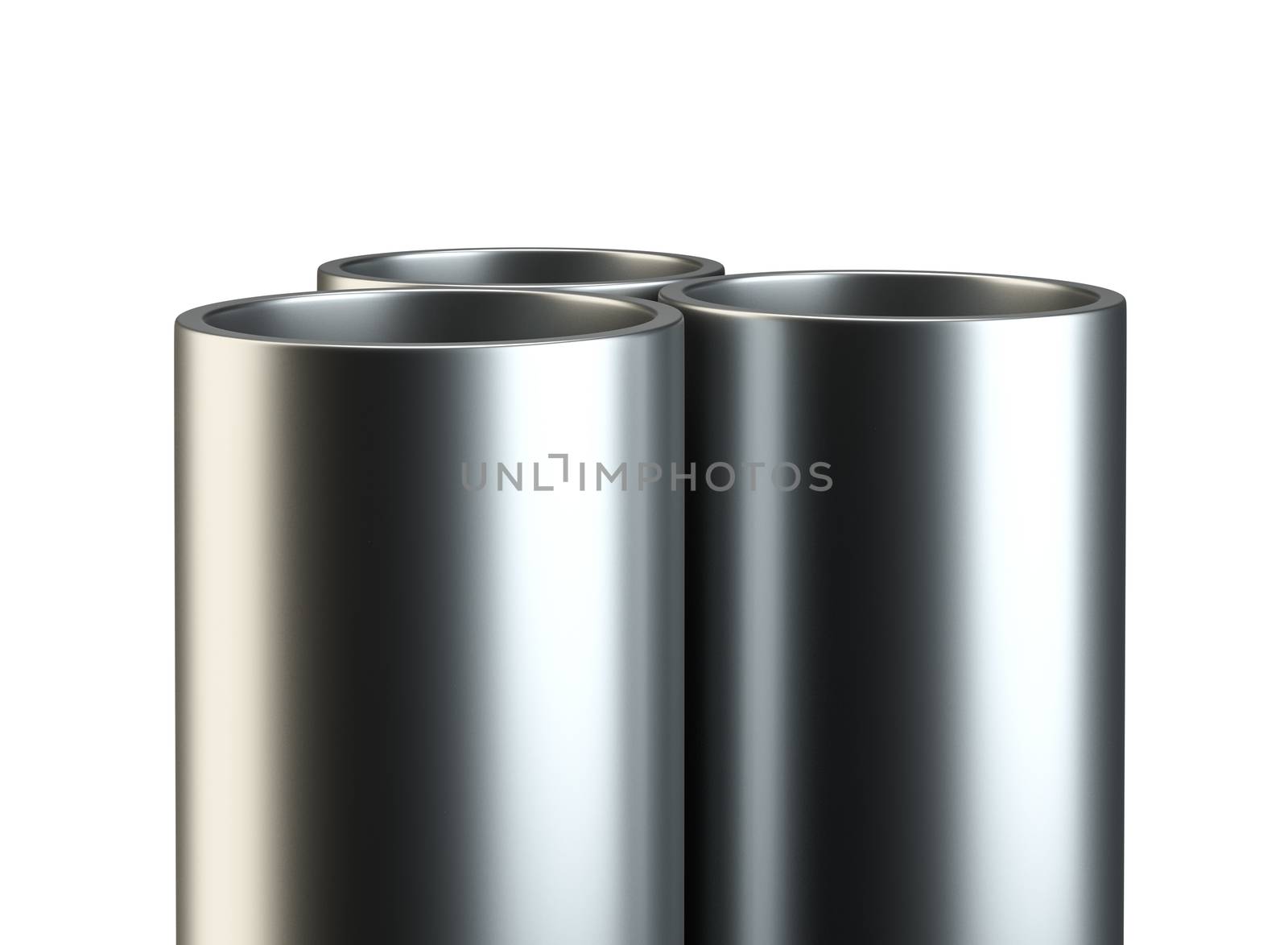 Three metal pipes. Close-up on white background. 3D Rendering
