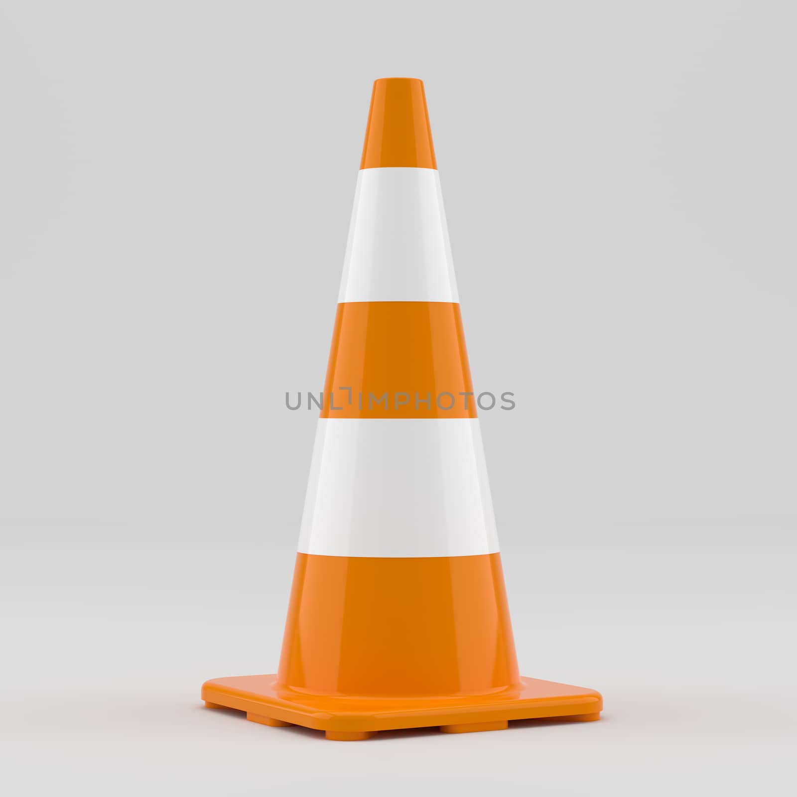 3D illustration of traffic cone. On gray background