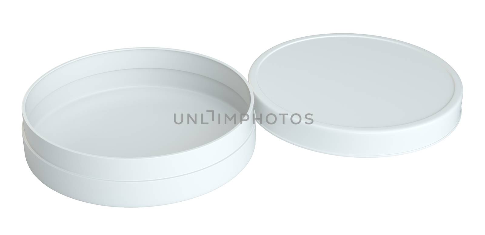 White round open empty box. Isolated on white. 3D Rendering