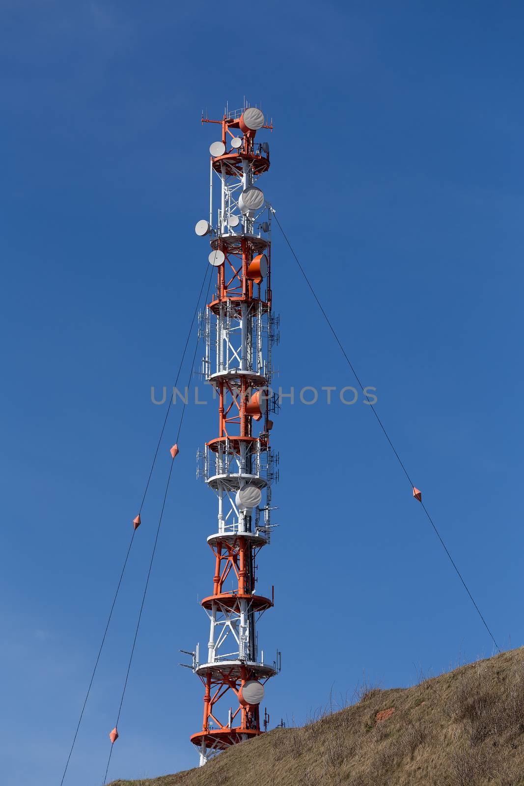 Radio technology tower on the island of Heligoland (Helgoland), North Sea of Germany. Blue sky and sunny day