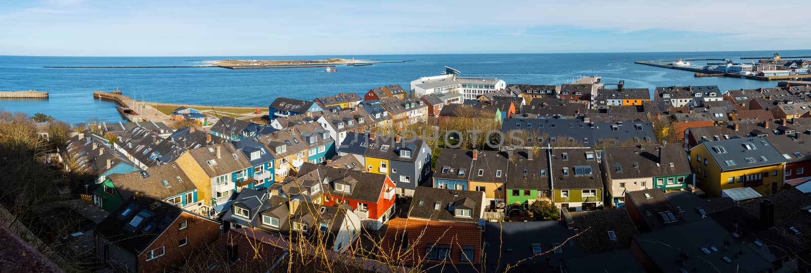 Panorama of residential area in Heligoland. Top view on roof of traditional colorful holiday homes. Island Helgoland, Germany