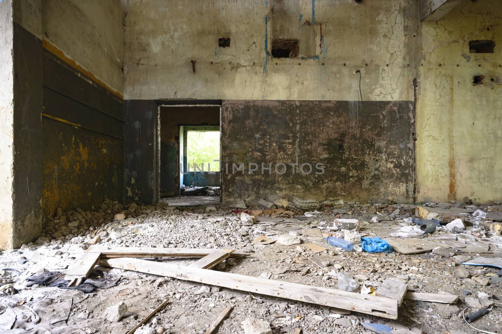 wide angle view of an old wall abandoned factory building