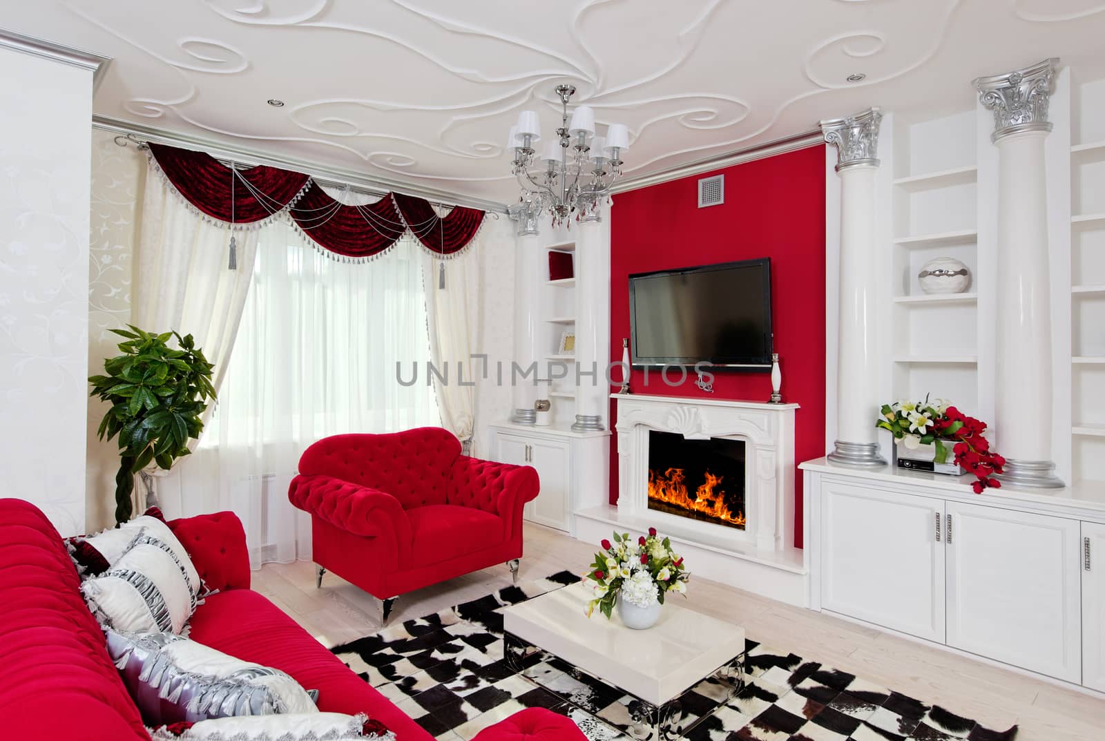 Classical living room interior in white, silver and red colors