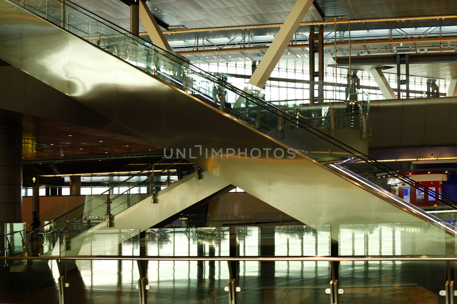 Escalator for passengers in the lobby of the airport in Doha