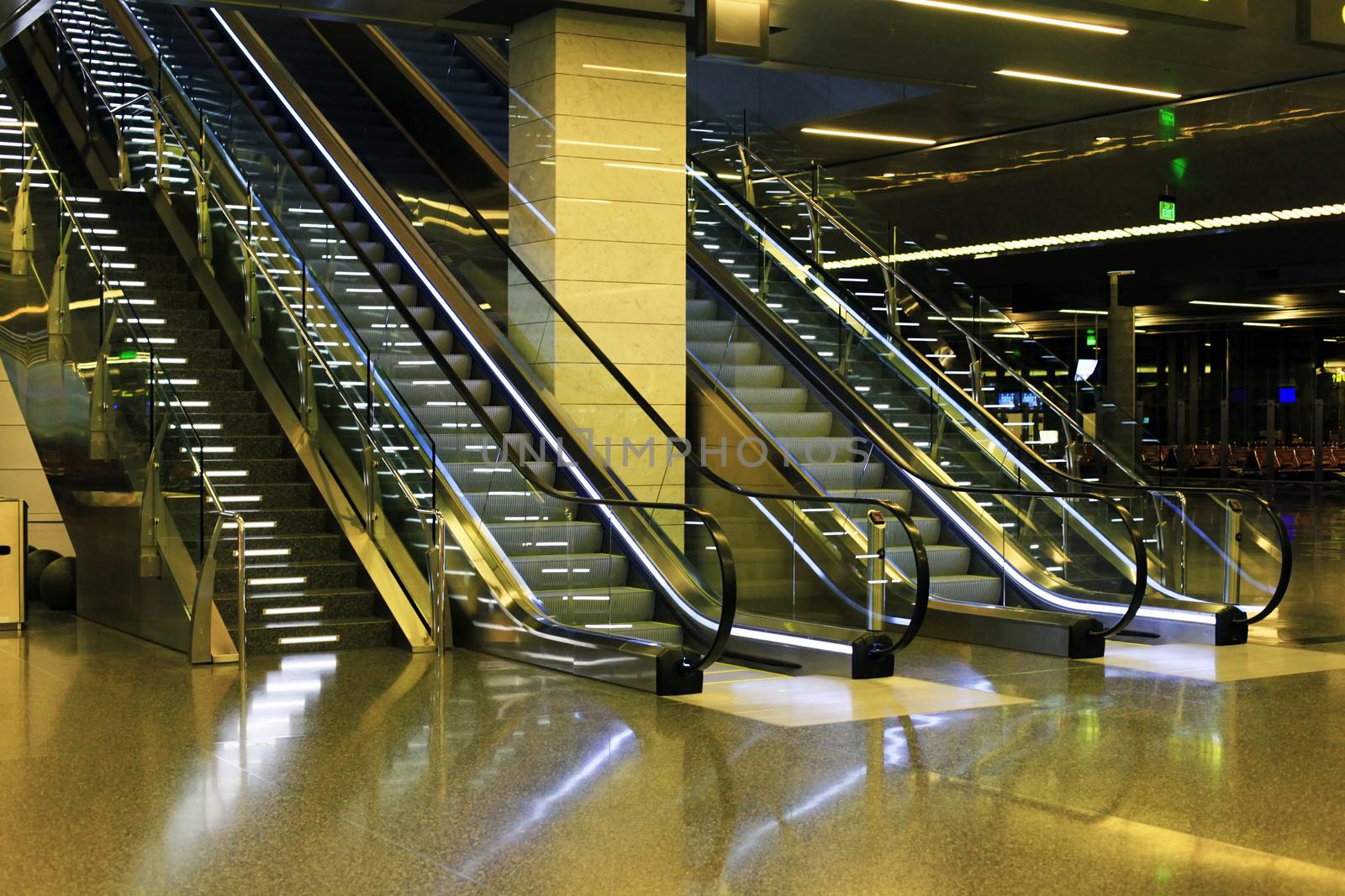 Escalator for passengers in the lobby of the airport in Doha