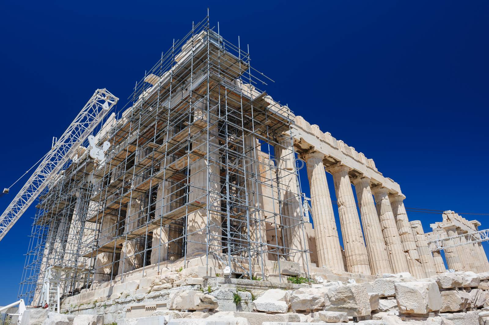 Reconstruction of Parthenon with scaffolding in Acropolis, Athens, Greece
