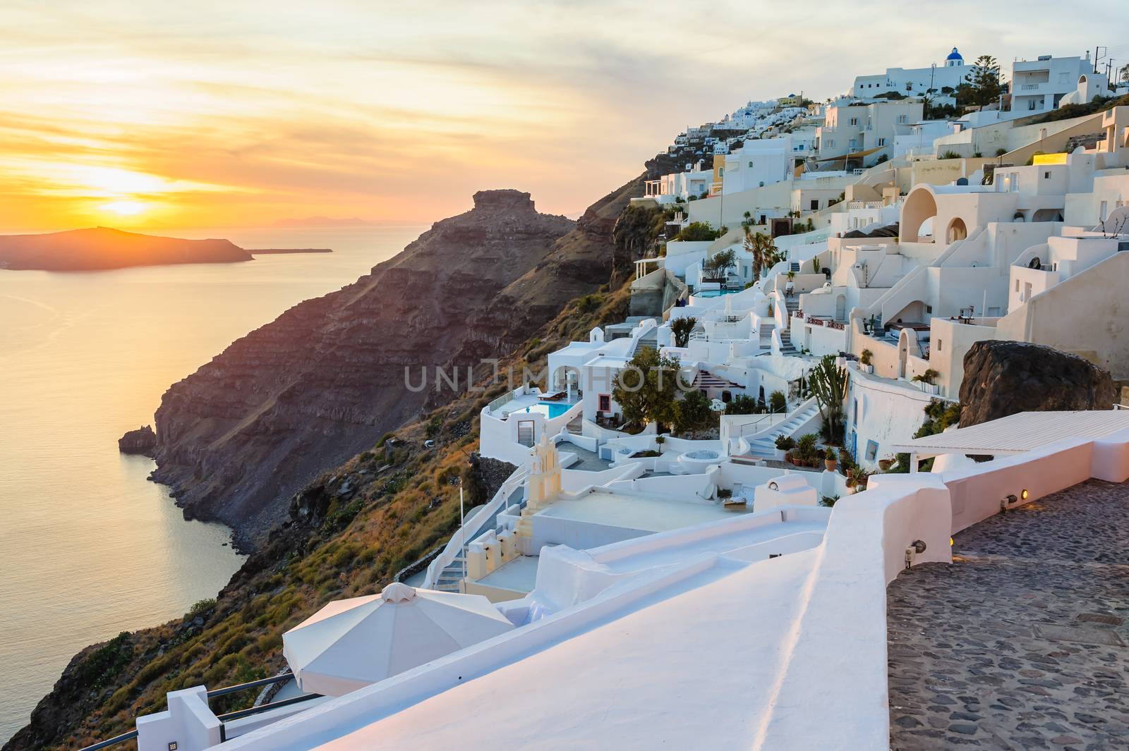 Luxury decks and patios of Oia at sunset, Santorini, Greece