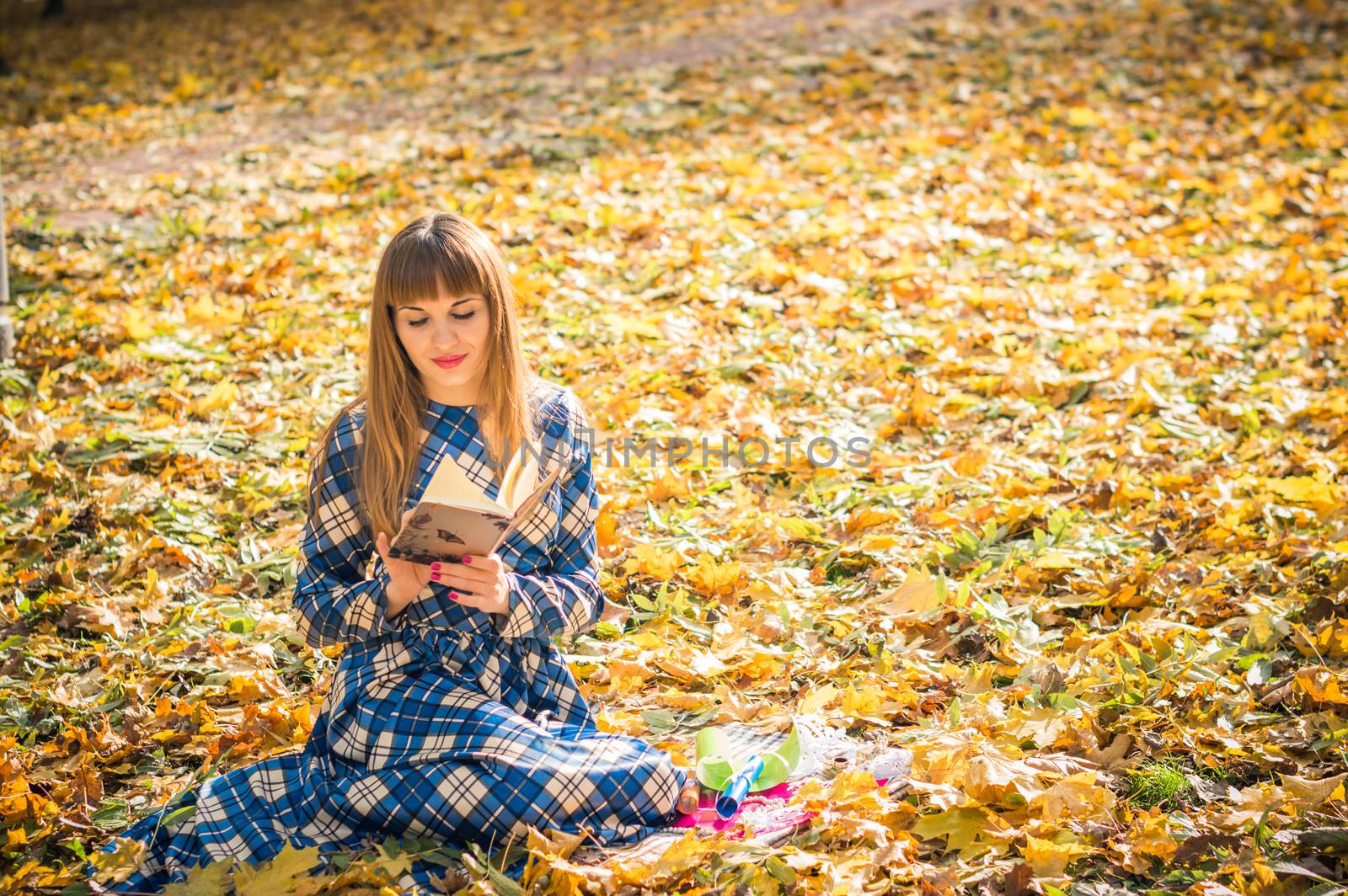 beautiful girl with long straight hair in a blue long dress reading a book in the autumn park