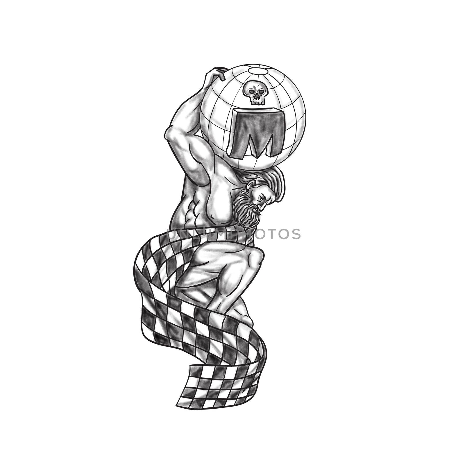 Tattoo style illustration of Atlas kneeling on one knee lifting globe with skull on his back draped with checkered racing flag set on isolated white background viewed from the side. 
