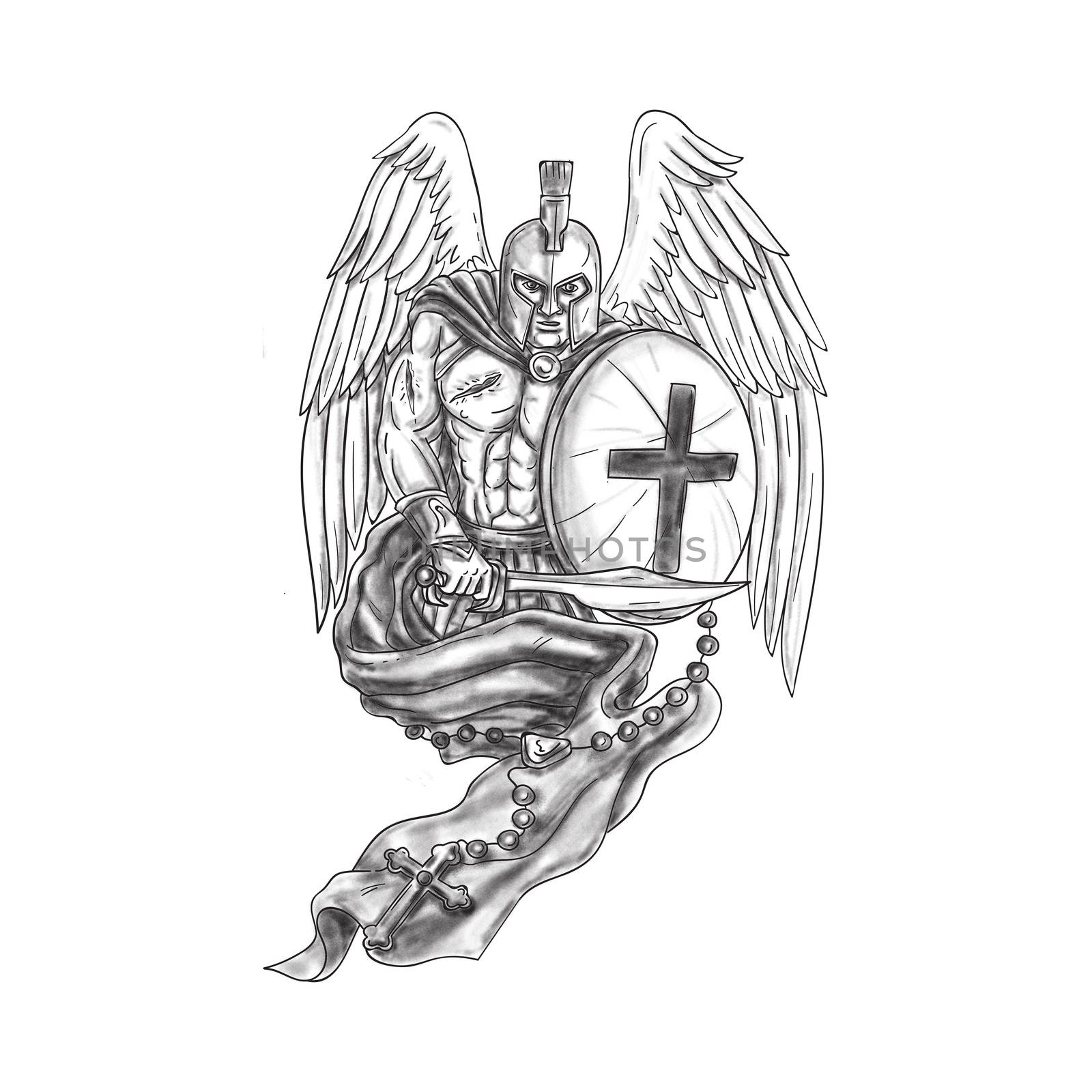Tattoo style illustration of a wounded spartan warrior angel wearing helmet holding sword and shield draped with rosary viewed from front set on isolated white background.