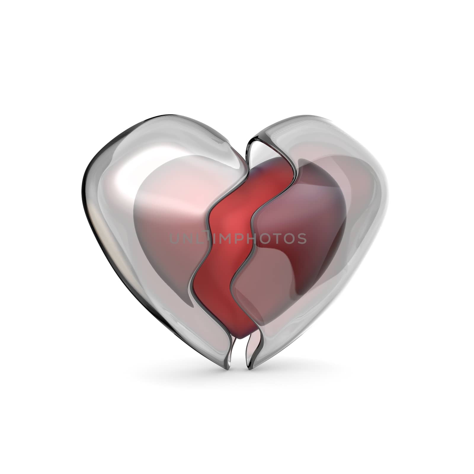 Red heart with broken iced shell. 3D render illustration isolated on white background