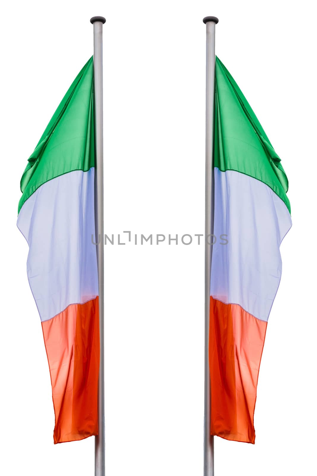 Two Italy flags on a flagpole against white background