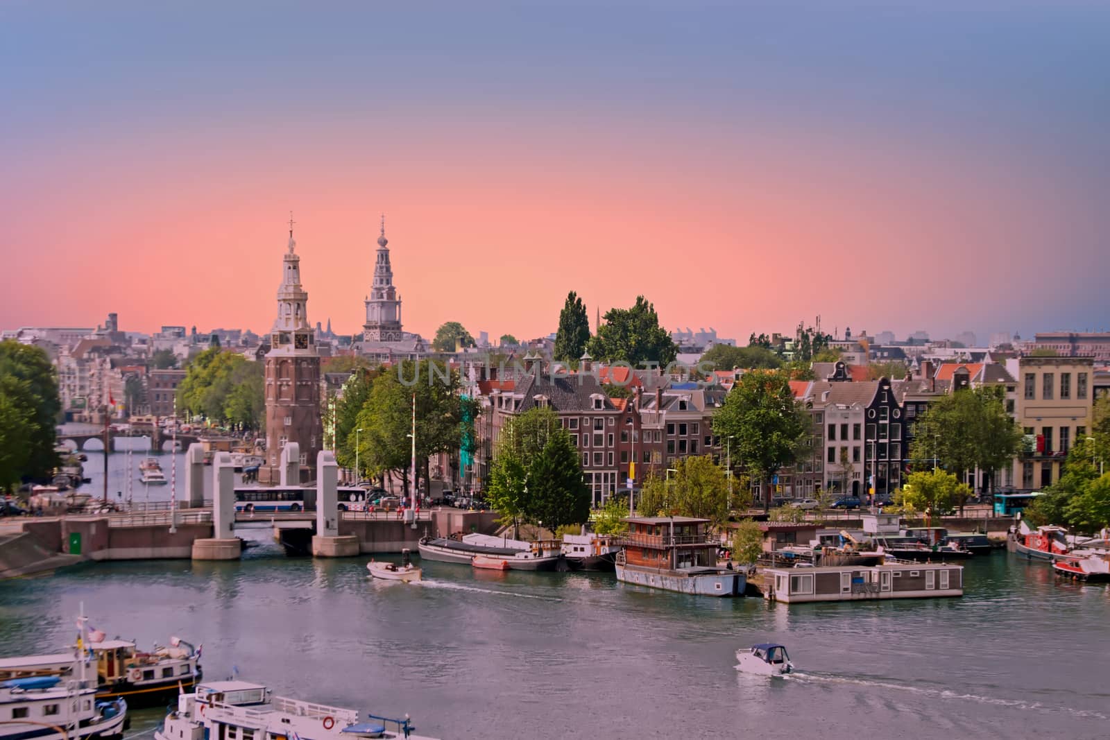 City scenic from Amsterdam in the Netherlands at sunset