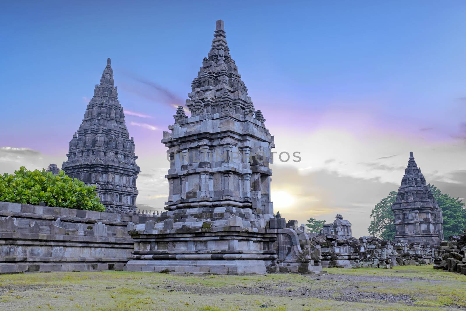Prambanan or Candi Rara Jonggrang is a Hindu temple compound in Java, Indonesia, dedicated to the Trimurti: the Creator (Brahma), the Preserver (Vishnu) and the Destroyer (Shiva) at sunset