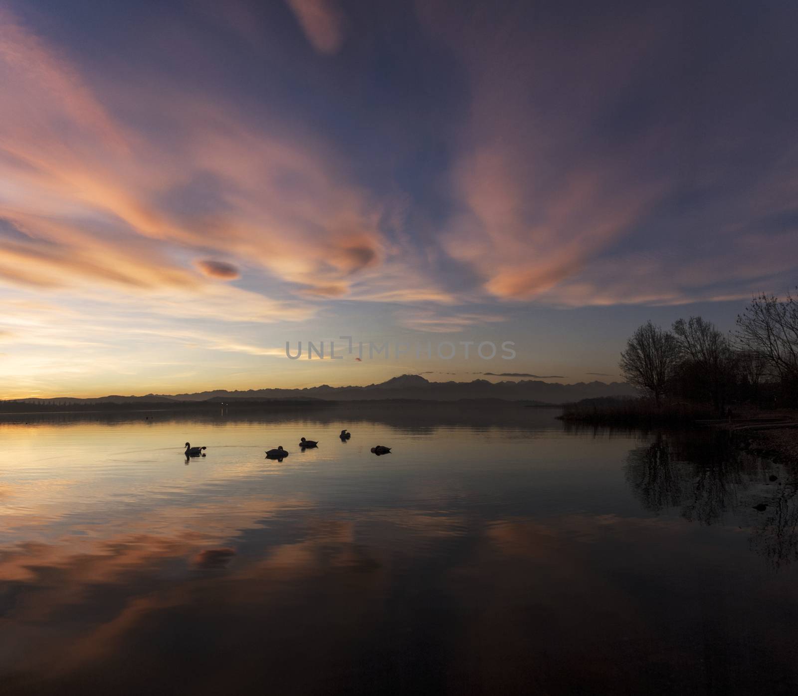 Sunset over the Lake of Varese in winter season