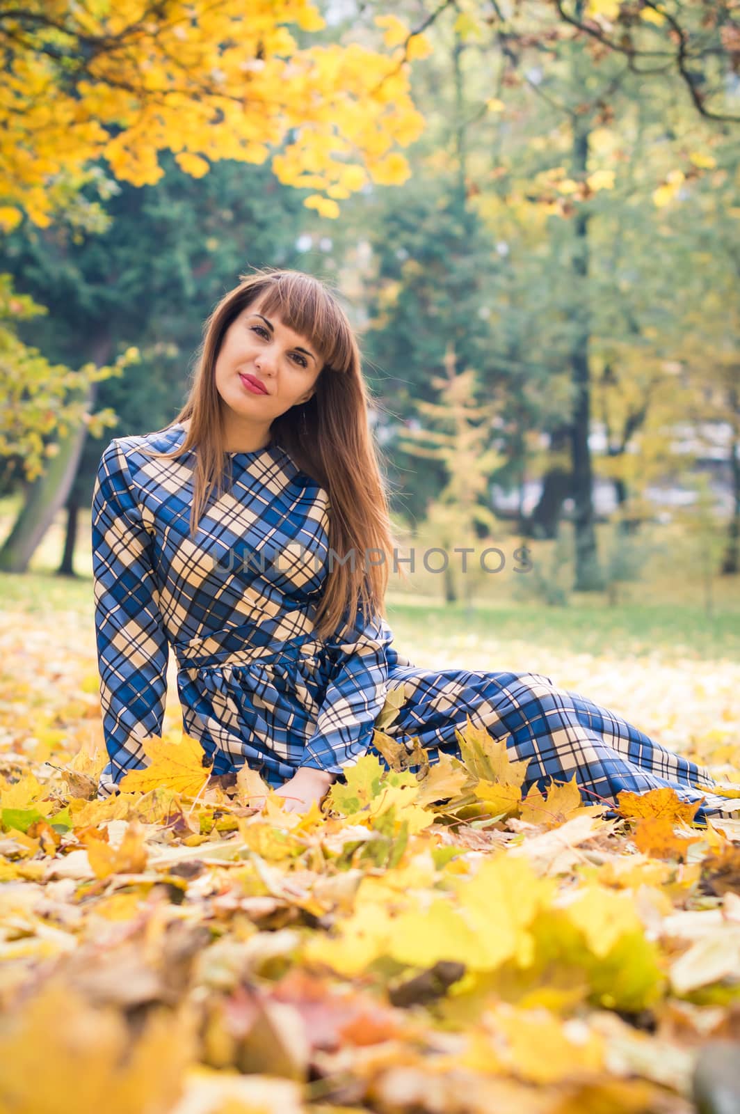 beautiful, dreamy girl with long straight hair in a blue long dress in the park in autumn
