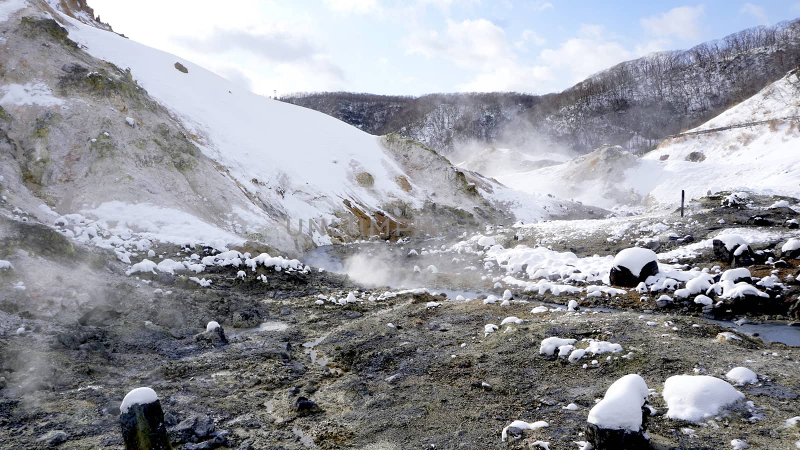 Noboribetsu onsen and stream snow winter national park in Jigokudani, Hokkaido, Japan