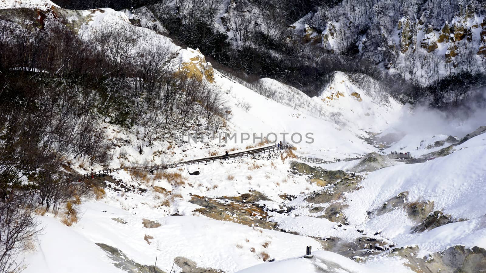 Noboribetsu onsen and bridge hell valley snow winter national park in Jigokudani, Hokkaido, Japan